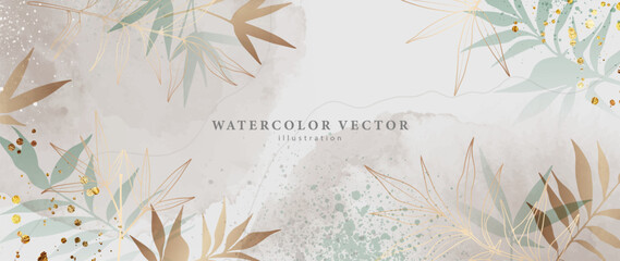 Abstract art background vector. Luxury minimal style wallpaper with golden line art flower and botanical leaves, Organic shapes, Watercolor. Vector background for banner, poster, Web and packaging.