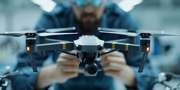 Engineer testing military drone in lab showcases defense technology innovation and AI. Concept Military Technology, Defense Innovation, AI Testing, Engineering Showcase, Drone Development