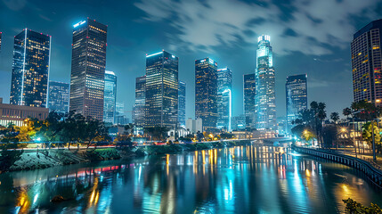 Naklejka premium Urban skyline at night with illuminated skyscrapers, busy streets, and reflections in a river, illustrating the energy and beauty of the city. 