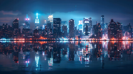 Urban skyline at night with illuminated skyscrapers, busy streets, and reflections in a river, illustrating the energy and beauty of the city.
