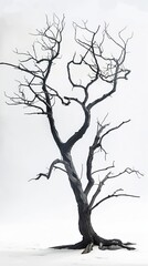 Black and white photo of a bare tree with twisted branches standing on a snow covered ground, creating a stark contrast against the white background