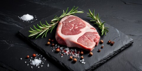 a piece of raw meat with spices on a black background