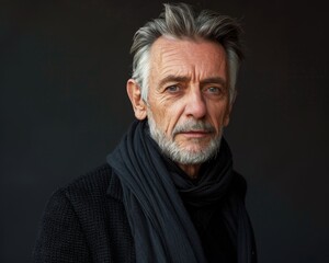 Fototapeta premium A man with a gray beard and a scarf around his neck. He is wearing a black coat and a black scarf