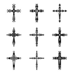 Christian cross vector icon symbols.  Abstract christian religious belief or faith art illustration for orthodox or catholic design. The symbol of the cross in various designs used in tattoo.	