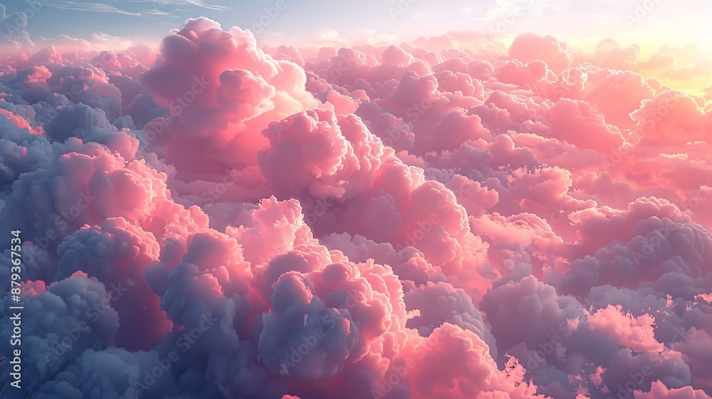 Poster the sun setting, pink clouds fill the sky, creating a serene atmosphere. aerial view from airplane w