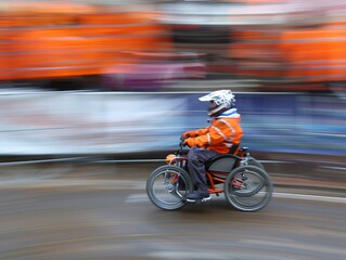 Fototapeta premium A man in an orange jacket is riding a trike. The image is blurry, giving it a sense of motion and excitement