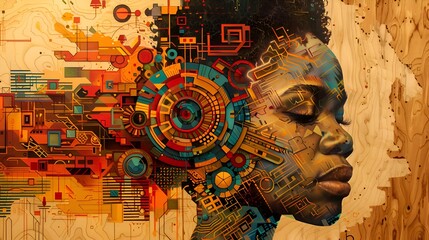 Naklejka premium Artistic representation of a woman's face, composed of various geometric shapes and symbols.