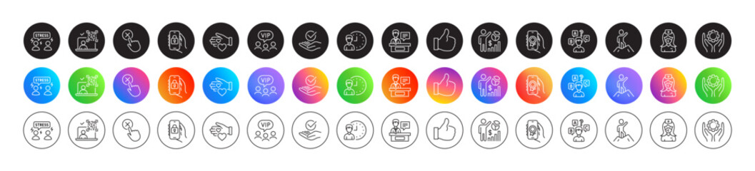 Vip clients, Leadership and Like line icons. Round icon gradient buttons. Pack of Difficult stress, Qr code, Approved icon. Exhibitors, Seo statistics, Reject click pictogram. Vector