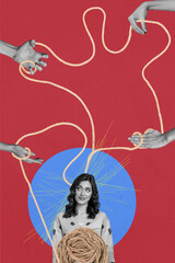 Vertical poster collage young woman rope human hands body fragments pull manipulation control...