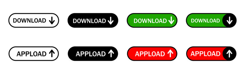 Set of colored green, red or black vector buttons with arrow download or unload icons for websites and applications on a white background