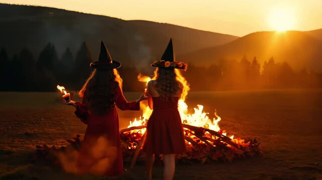 Two witches are standing in front of a fire, one of them holding a candle