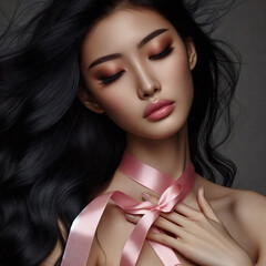 A young Asian woman with flowing black hair closes her eyes and holds a pink ribbon gently to her chest | Breast Cancer Awareness