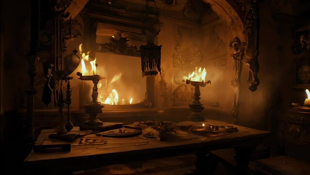 A dark, abandoned witch's hut revealing a dark, creepy interior with burning candles and a cauldron