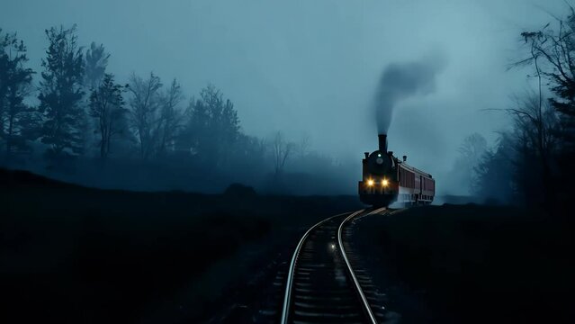 Ghost Train Racing Through the Night. The train is surrounded by trees and fog. Scene is eerie and mysterious