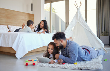Fototapeta premium Child, father and tablet with streaming in bedroom for growth, development and motor skills in home. Young person, girl and happy family with tech, education and games for youth, parents and bonding