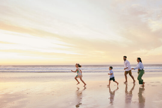Beach, family and sunrise with bonding and running with game, vacation and parents care. Kids, love and outdoor with travel, holiday and ocean with mom and dad by the sea with mockup together