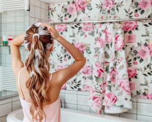 Naklejka premium A woman is washing her hair in a bathroom with a pink floral wallpaper. She is using a bottle of shampoo and a bottle of conditioner