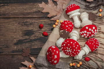 Autumn cozy mood composition. Crocheted amanita mushroom, handmade, fall hobby concept