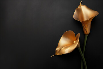 Golden calla flowers on black background for necrology obituary funeral announcement memorial notice cemetery concept with copy space