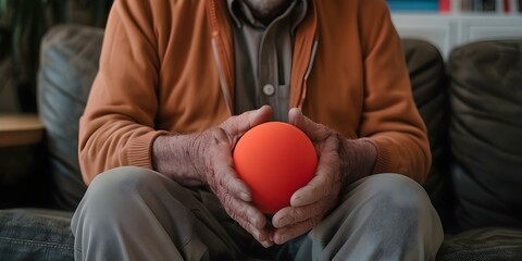 Elderly man using stress ball to improve brain health and reduce tension. Concept Brain Health, Elderly Care, Stress Relief, Wellness, Mindfulness
