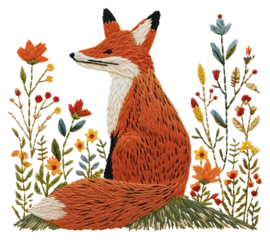 PNG  A fox on Autumn flowers hill embroidery pattern animal.