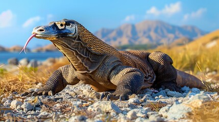Obraz premium Komodo Dragon on Komodo Island- A massive Komodo dragon basks in the sun on the rocky shores of Komodo Island. Its rough