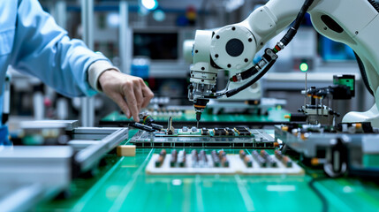 Naklejka premium of a robotic arm assembling small electronic components with a technician supervising the process, automation, manufacturing, innovation, robotics, B2B, production