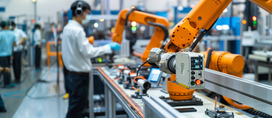 Fototapeta premium of a robotic quality inspection system using advanced sensors and cameras to detect product defects, with technicians analyzing the data, automation, manufacturing