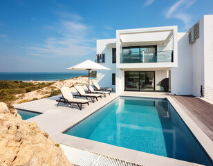 Casa chalet blanco de arquitectura moderna en la playa con piscina y hamacas. Primera línea de playa casa moderna y elegante 