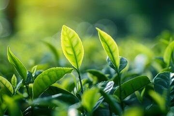 Obraz premium A close-up photo of fresh green tea leaves on a clear, sunny day.