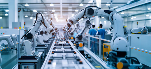  of an assembly line with multiple robotic arms working simultaneously, with engineers monitoring the production, automation, manufacturing, innovation, robotics, B