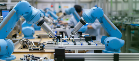  of collaborative robots (cobots) assisting humans in assembling delicate optical instruments, with both working seamlessly together, automation, manufacturing, inn