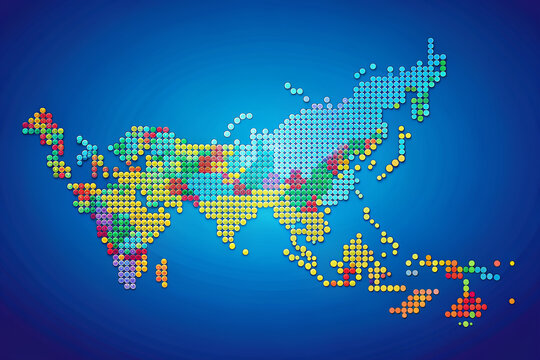 Vibrant colorful dots fill a stylized map of Indonesia, highlighting the country's unique shape and diverse islands, against a bright blue background with subtle texture.