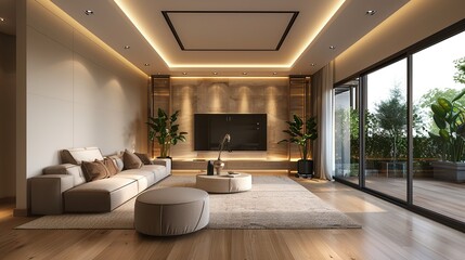 Modern Living Room with Beige Sofa and Large Windows