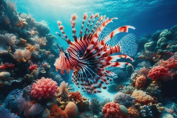 A red lionfish (Pterois volitans) swimming gracefully in the tropical waters of the ocean, surrounded by vibrant coral reefs.