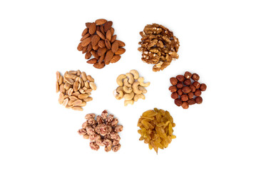 Pile of mixed nuts isolated on white background.