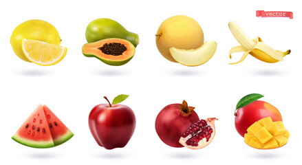Fruits and berries, high quality realistic vector set. Lemon, papaya, melon, banana, watermelon, apple, pomegranate, mango