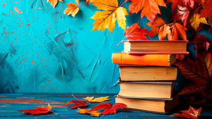 Blue background with textbook and maple leaves, side view. Back to school banner for Knowledge Day