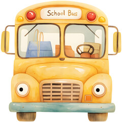 Front view of a yellow school bus featuring a playful and cheerful design.
