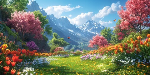 Obraz premium A bright spring garden filled with bright flowers and the rejuvenating energy of nature