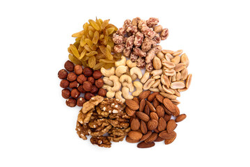 Pile of mixed nuts isolated on white background.