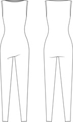 sleeveless round neck crew neck long jumpsuit activewear sportswear tight romper template technical drawing flat sketch cad mockup fashion woman design style model

