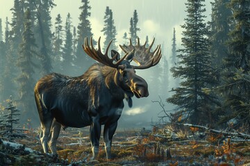 Moose in the Boreal Forest- A majestic moose stands in the midst of a boreal forest