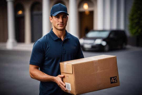 Kurier mit Paket: Effiziente Zustellung und Echtzeit-Tracking für Logistik und E-Commerce.
