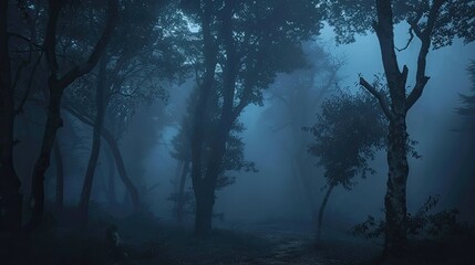 Naklejka premium Mystical atmosphere. Stranger forest in a fog. Dark scary park. Background wallpaper. Trees in the mist. 