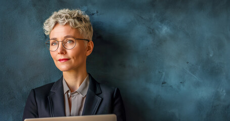 A confident professional woman with glasses stands against a textured blue background, embodying leadership and sophistication in a business environment