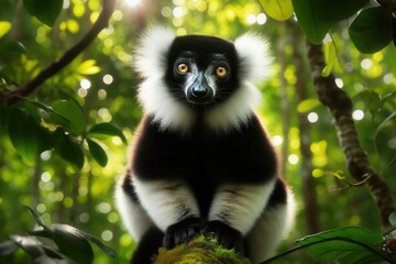 Obraz premium A striking black-and-white ruffed lemur, an endangered endemic species, perched high in the dense canopy of its natural forest habitat in northern Madagascar