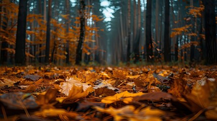 Fototapeta premium Natural forest background during golden autumn evening. Dark
