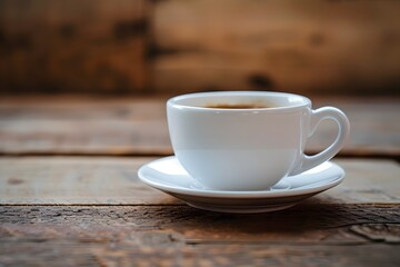 Obraz premium Serene Morning Coffee in a White Cup on Rustic Wooden Table