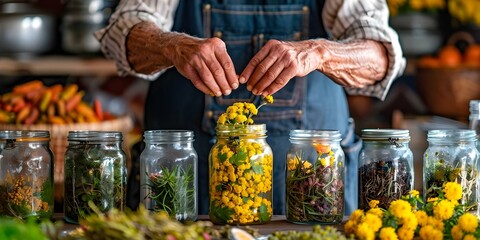 Hands organizing natural herbs into jars for stress management workshop using rhodiola. Concept Herbal Workshop, Stress Management, Rhodiola, Natural Remedies, Wellness Retreat